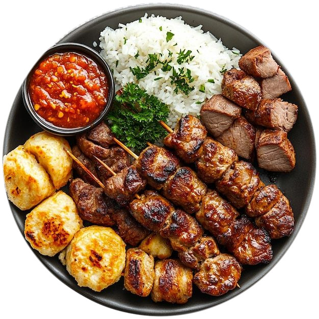 A platter of grilled chicken skewers served with colorful dipping sauces