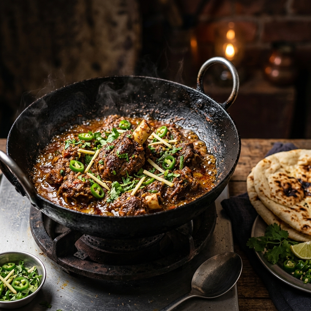 Sizzling Mutton Karahi cooked in a wok